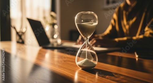 Hourglass on desk with blurred figure working on laptop in golden light
