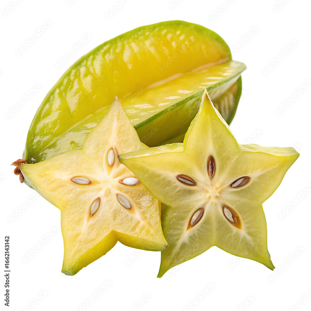 Fototapeta premium A sliced starfruit showing seeds isolated on a transparent background 