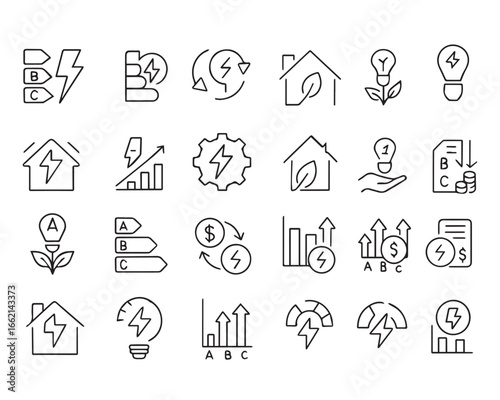 Set of outline icons related to energy efficiency. Linear icon collection