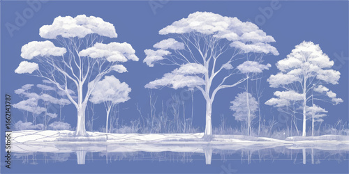Snow-covered trees frame a cold, white winter landscape with a blue sky