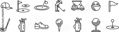 Golf icons collection, golfer swing, golf cart, tee, golf ball, clubs, cap, flag hole, putting green, shoes