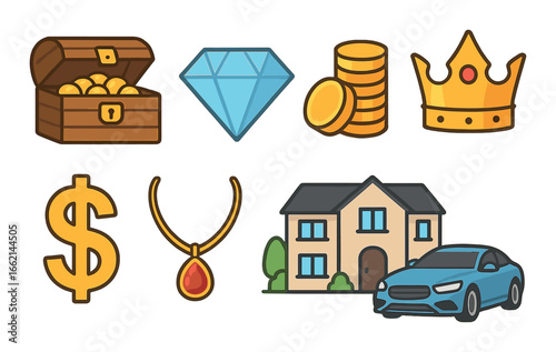 Luxury symbols: treasure chest, diamond, coins, crown, dollar sign, necklace, house, car