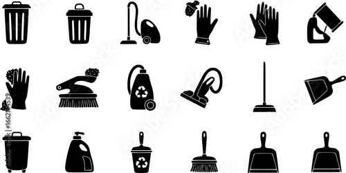 Cleaning and sanitation solid icon set – silhouette style hygiene, waste management, and janitorial symbols for household and office: trash bin, recycle, gloves, broom, vacuum, dustpan