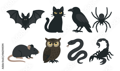 Illustrated nocturnal animals: bat, cat, raven, spider, mouse, owl, snake, scorpion
