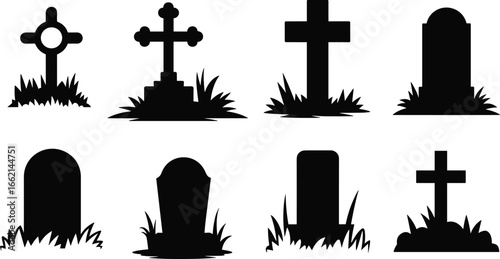 Grave and tombstone icon set with crosses and headstones. Black silhouettes for Halloween, cemetery, funeral, or memorial designs.