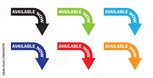 Colourful available now arrow label set vector