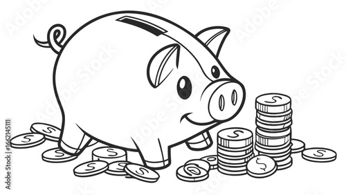Outline drawing of a piggy bank surrounded by scattered coins and stacked coins on a white background