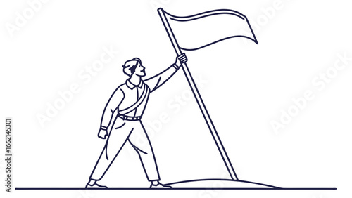 Man in outline style holding a flag on a hill with a determined look on his face is the main focus