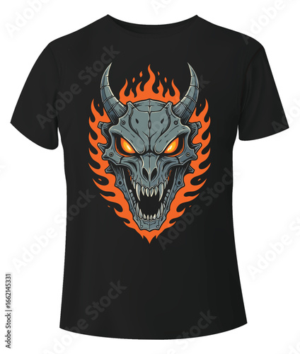 Fiery Demon Skull T-shirt Design Horror Fantasy Apparel Art.