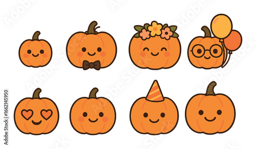 Cute pumpkin faces with accessories and balloons