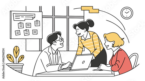 Three colleagues collaborating on a laptop in an office with a whiteboard and a clock on the wall
