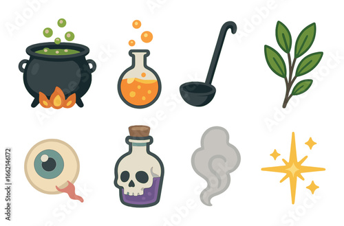 Magic potion elements with cauldron, potion, ladle, herbs, eye, skull bottle, smoke, star