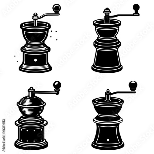 Four vintage coffee grinders in black and white with crank handles and decorative design elements present