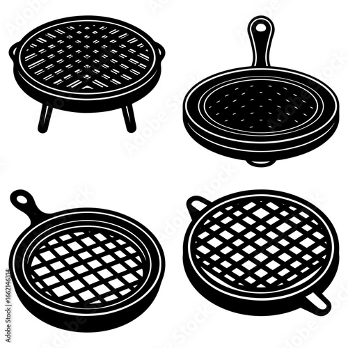 Illustration of four different waffle irons in black and white with various handle styles and shapes