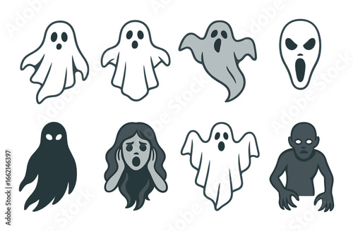 Cartoon ghosts and scary faces on spooky background