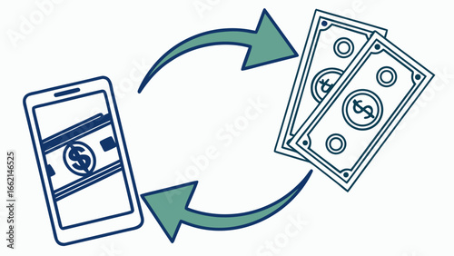 Illustration of money transfer between a smartphone and dollar bills with curved arrows shown