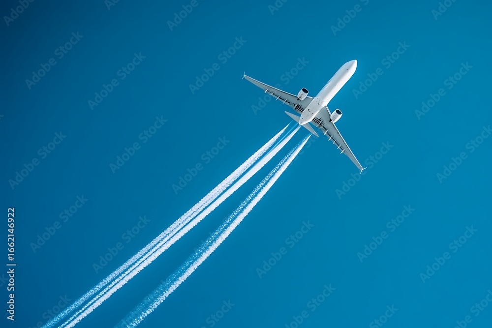 Fototapeta premium Commercial Airplane Ascending with Vapor Trails against a Clear Blue Sky