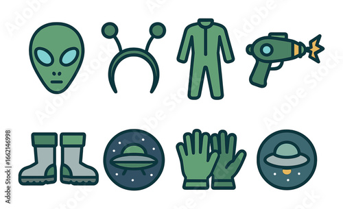 Alien-themed icons set featuring spaceships, space suit, ray gun, boots, and helmet