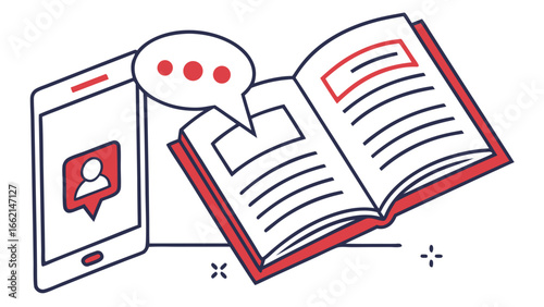 Illustration of a smartphone with a notification next to an open book with speech bubble icons