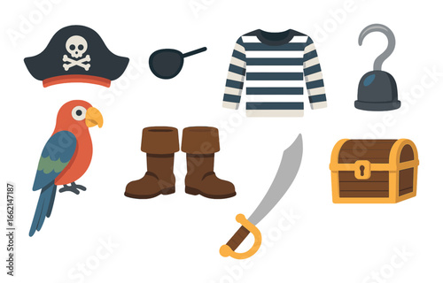 Pirate theme elements including parrot, hat, sword, chest, and magnifying glass