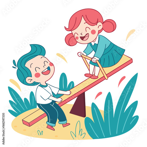 A boy and a girl playing together outdoors illustration 