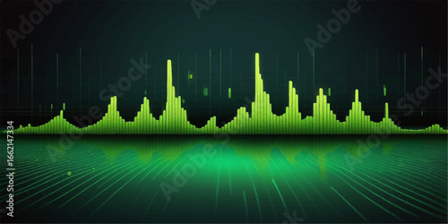 An abstract green and blue sound wave illustration with a digital equalizer backdrop