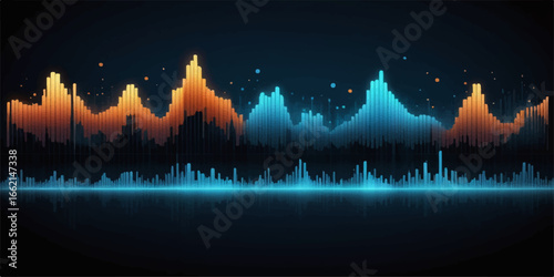 An abstract sound wave illustration with a blue winter sky, forest, and stars