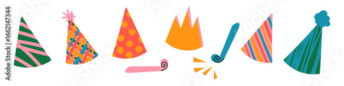 Hand drawn birthday party hats and doodle party blowers horns set vector illustration isolated on transparent background. Childish, kids design elements with colorful dots and stripes