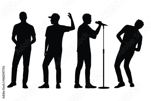 Four male silhouettes in various poses on a white background person standing