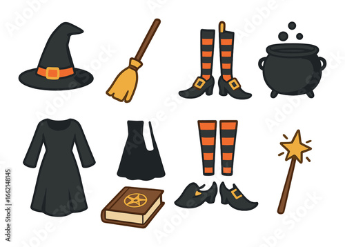 Halloween witch accessories: hat, broom, boots, cauldron, dress, wand, spellbook design