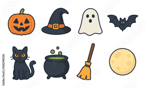 Halloween icons: pumpkin, witch hat, ghost, bat, cat, cauldron, broom, full moon