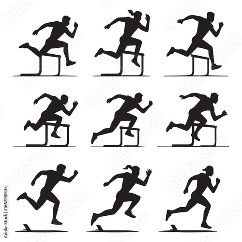 Silhouettes of athletes in various stages of a hurdle race