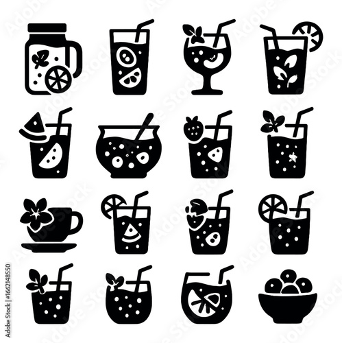Various cocktail icons on grey background with straw and garnish illustrations