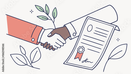 Illustration of a business deal with handshake certificate and plant growth symbols showing partnership 100