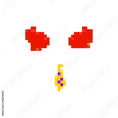Pixel style expression with intense red eyes and a vibrant cartoon key in simple mosaic design.