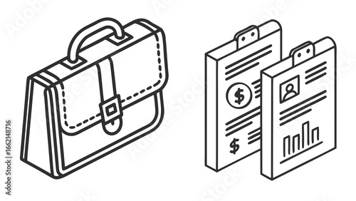 Outline drawing of a briefcase and two clipboards with financial and profile information displayed on them