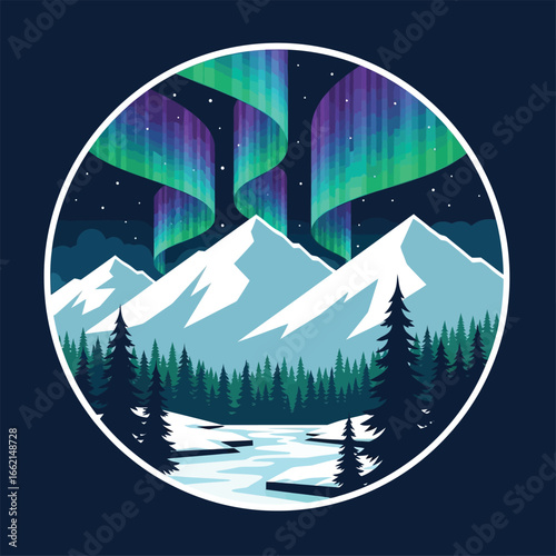 Majestic Northern Lights Dancing Over Snow-Capped Mountains and Frozen River in a Circular Design