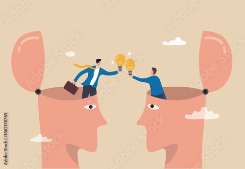 Exchange idea from brainstorm to get new solution to solve problem, sharing knowledge, creativity and innovation concept, businessman open from human brain head to exchange business lightbulb ideas.
