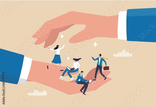 Organization resource, people or employee support, care, benefit or protection, workplace wellbeing, office community or employee care concept, businessman hand cover working employees with care.