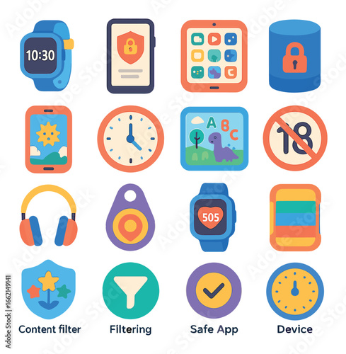 Colorful digital parental control icons with smartwatch and apps