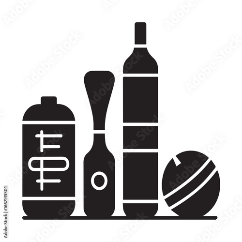 Collection of various bottles and a spherical object
