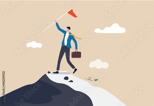 Leadership to reach business goal, career achievement or company best performance worker winner concept, ambitious businessman leader holding winner flag standing pride on top of mountain peak.