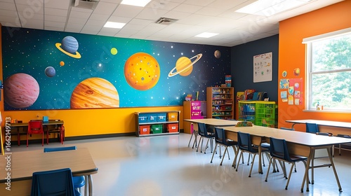 Empty classroom featuring desks, chairs and planet themed wall design