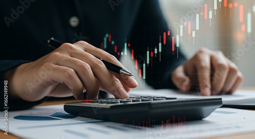  closeup of hands on a calculator with a stock market chart overlay, signifying financial growth and analysis