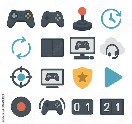 Gaming icons set: controllers, joystick, cloud gaming, headset, timer