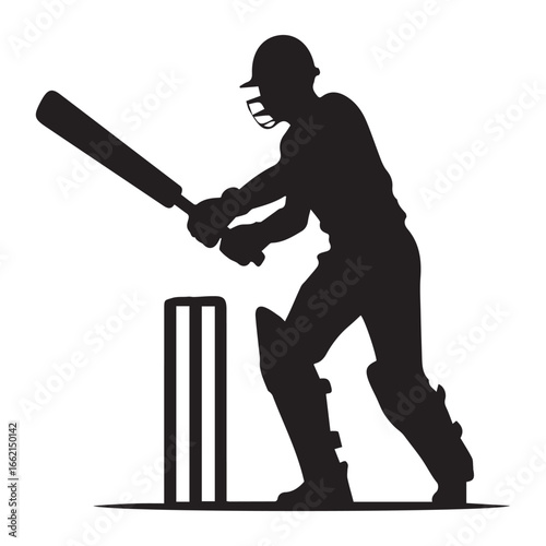 Silhouette of a cricket batsman hitting a ball with stumps in the background