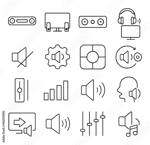Audio control icons: headphones, volume settings, sound waves, and multimedia symbols