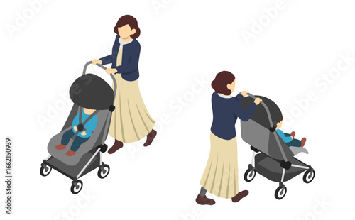 アイソメトリックイラスト：ベビーカーを押すお母さん