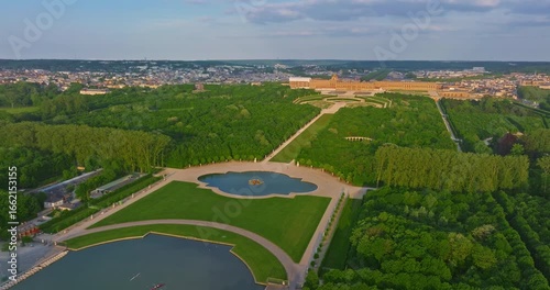 Aerial view of Palace of Versailles and the gardens surrounding it, France