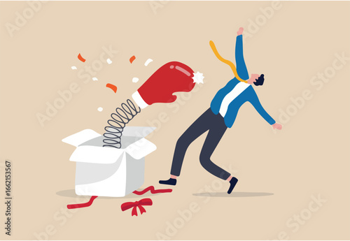Being fired from job, unemployment and jobless, business failure or stock market bad news surprise investor concept, businessman open present box with surprise boxing glove punching knock out.